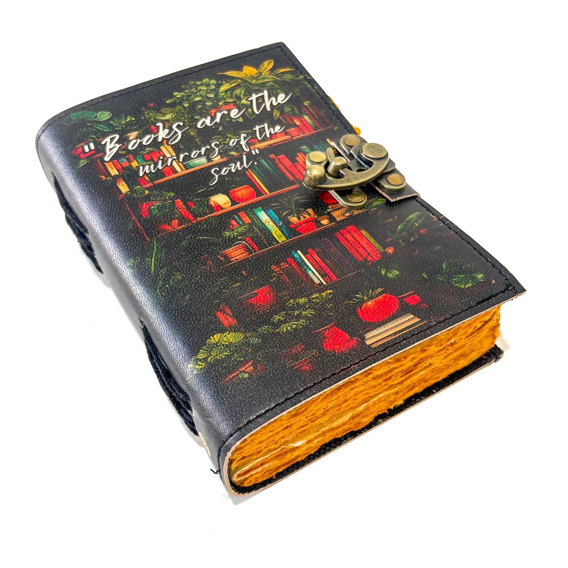 Bookshelf Leather Journal - "Books Are Mirrors" Quote - Handmade Diary