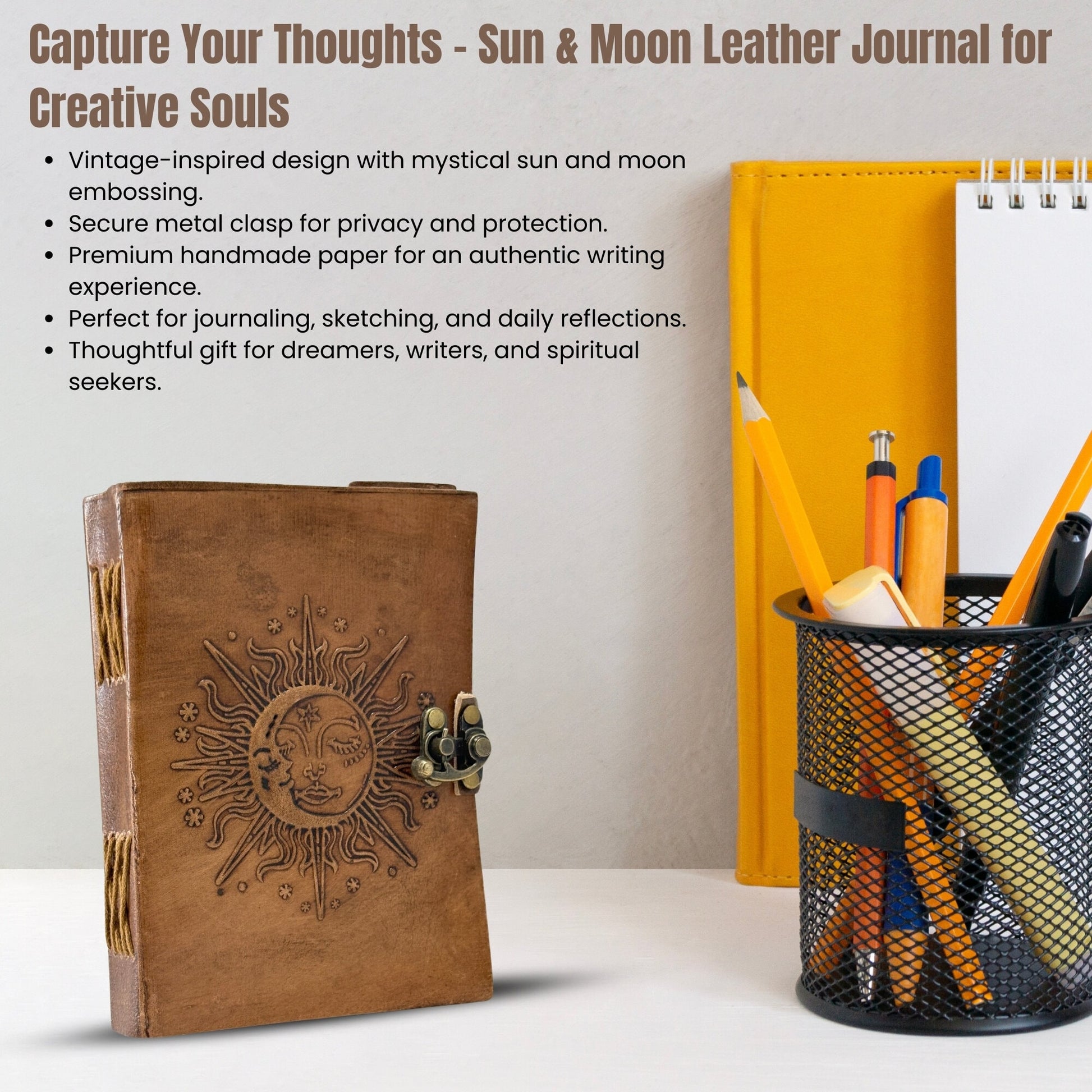 Sun and Moon Leather Journal - Handmade Vintage Diary with Clasp Lock