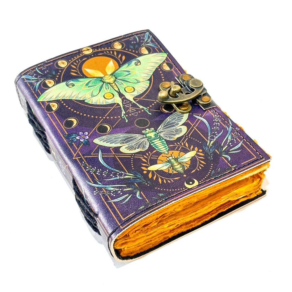 Handcrafted Moon Moth Journal – Vintage Leather Diary with Lock | Refillable Handmade Sketchbook for Writing & Spiritual Notes
