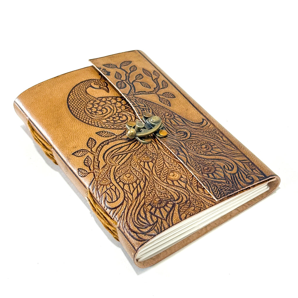 Elegant Peacock Leather Journal – 7x5” Handmade Notebook with Lock