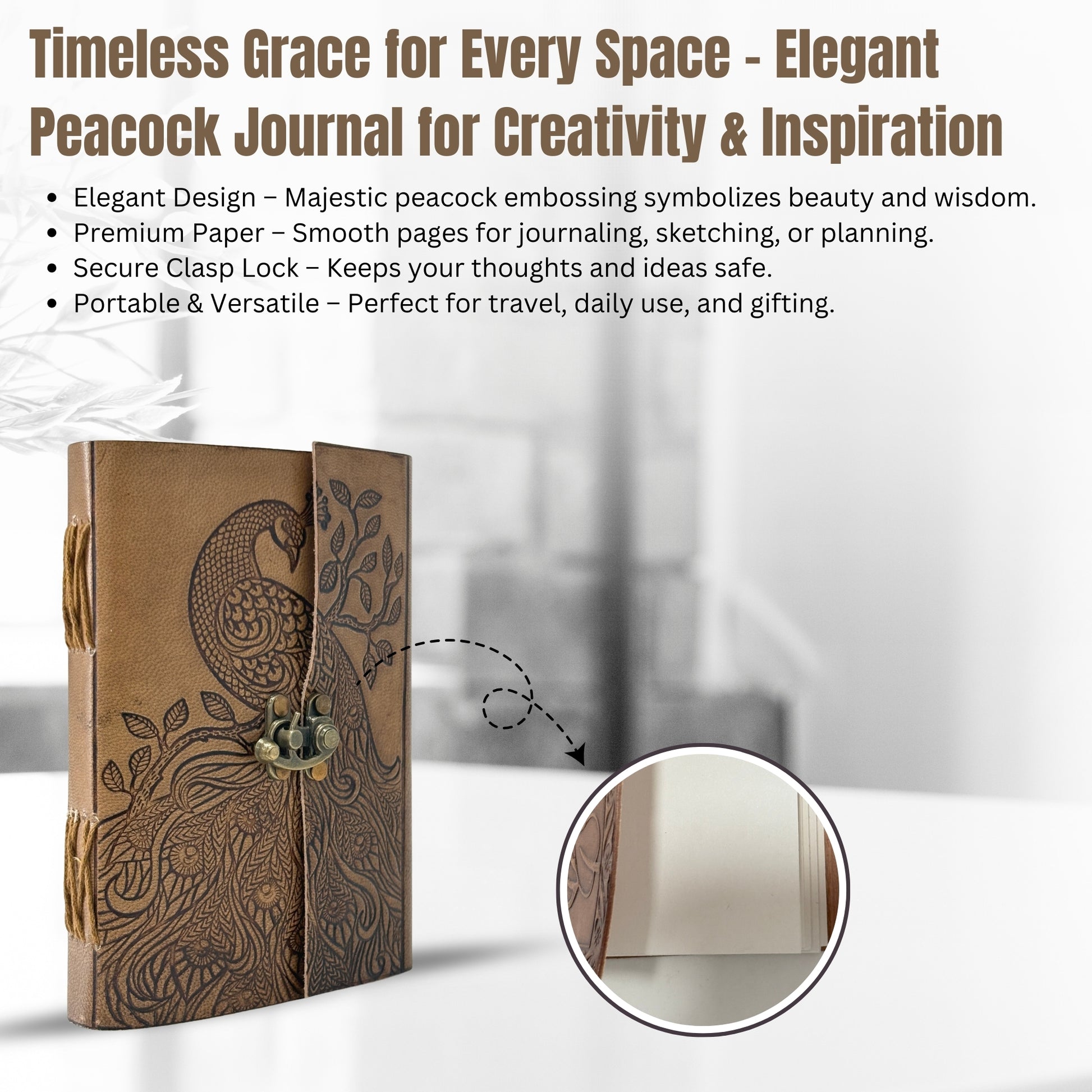 Elegant Peacock Leather Journal – 7x5” Handmade Notebook with Lock