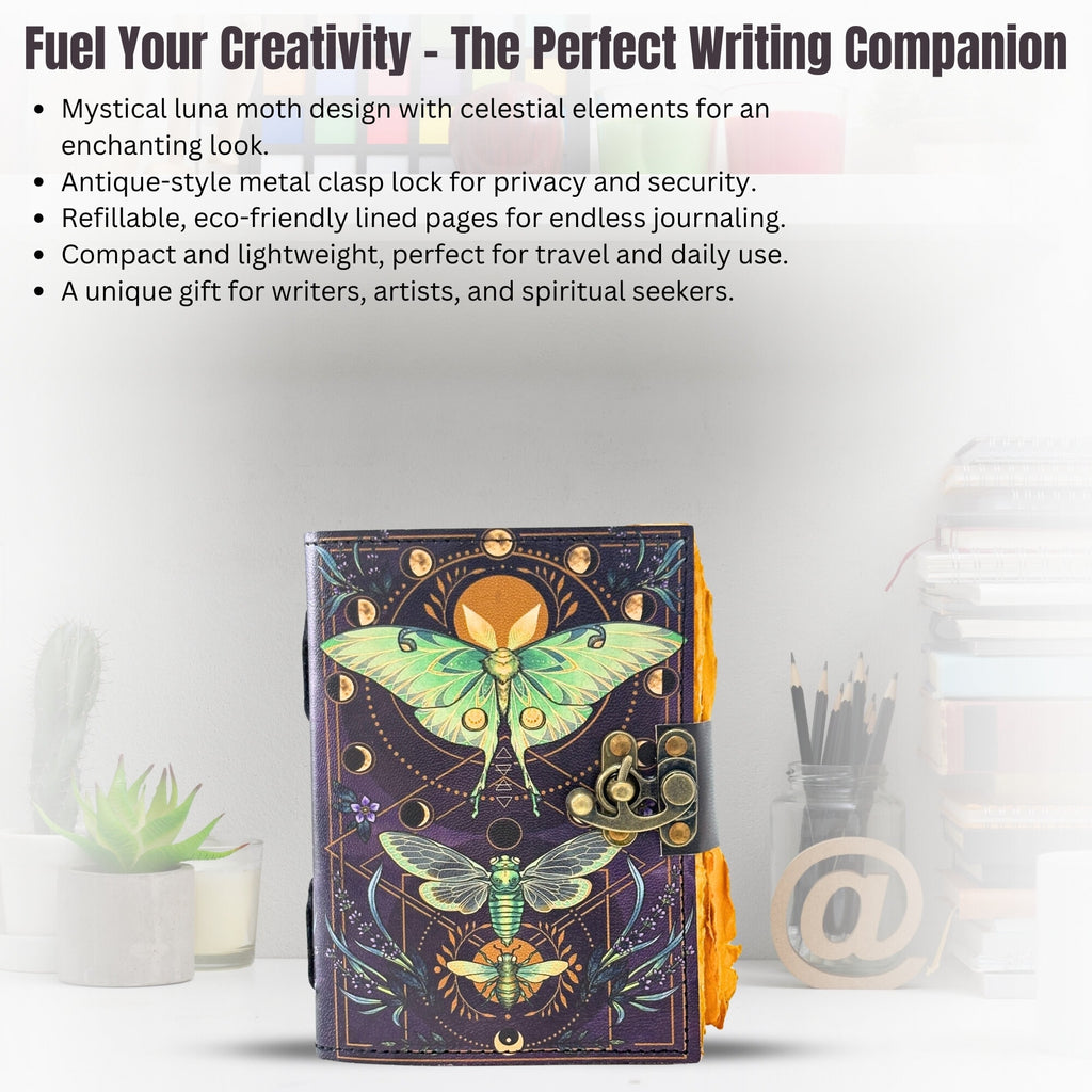 Handcrafted Moon Moth Journal – Vintage Leather Diary with Lock | Refillable Handmade Sketchbook for Writing & Spiritual Notes