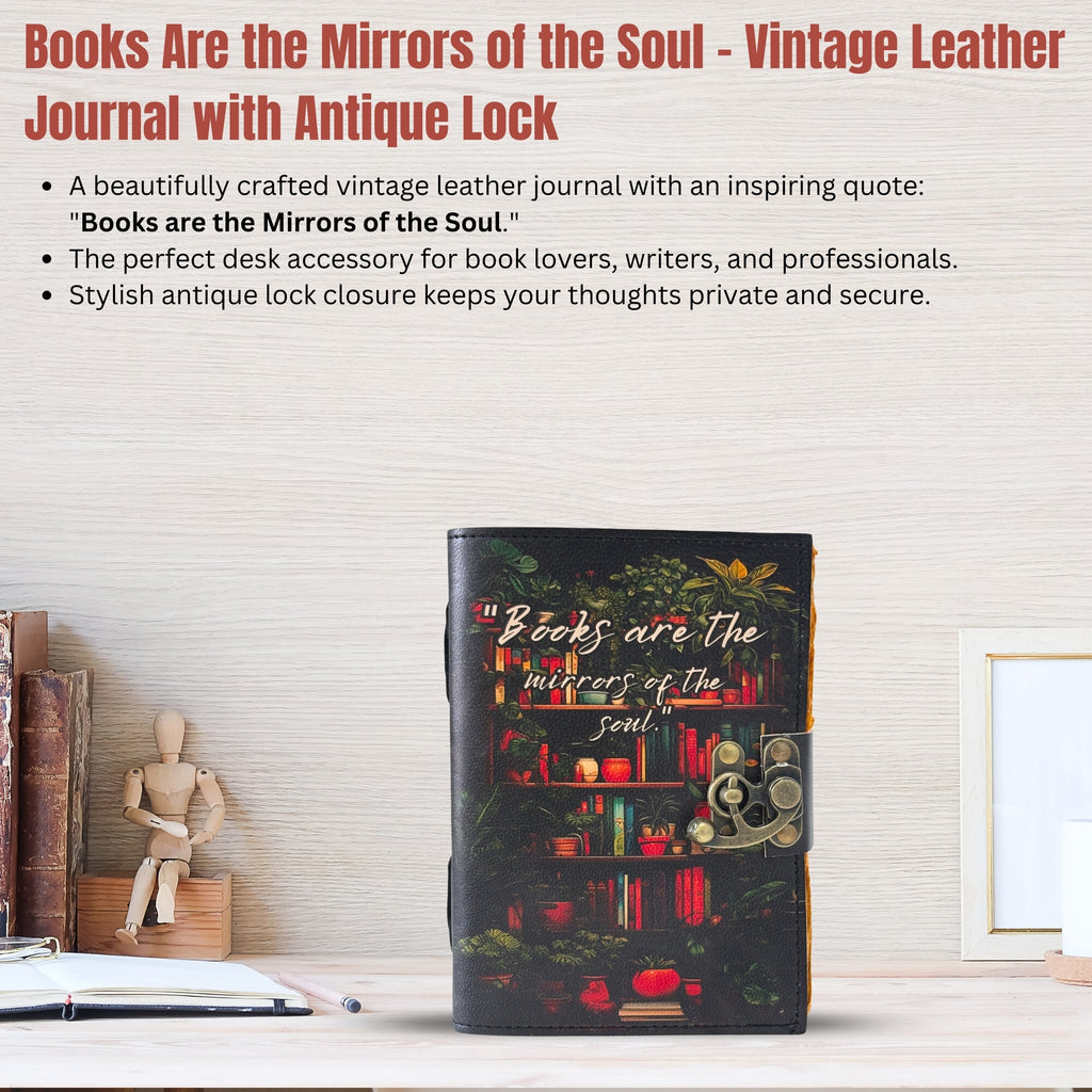Bookshelf Leather Journal - "Books Are Mirrors" Quote - Handmade Diary