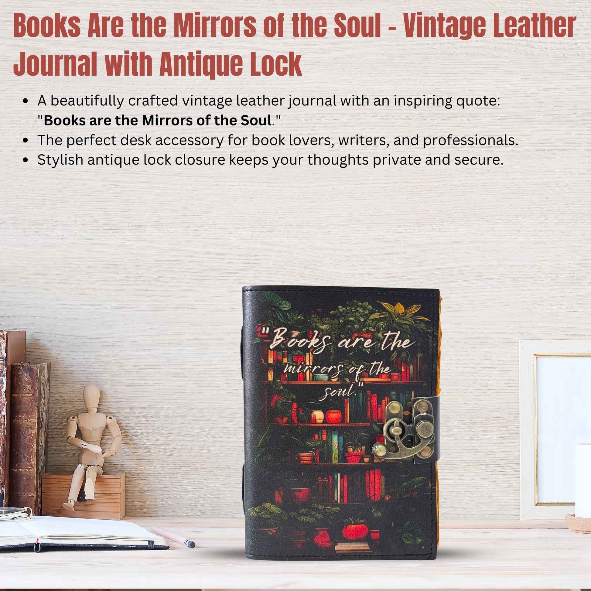 Bookshelf Leather Journal - "Books Are Mirrors" Quote - Handmade Diary
