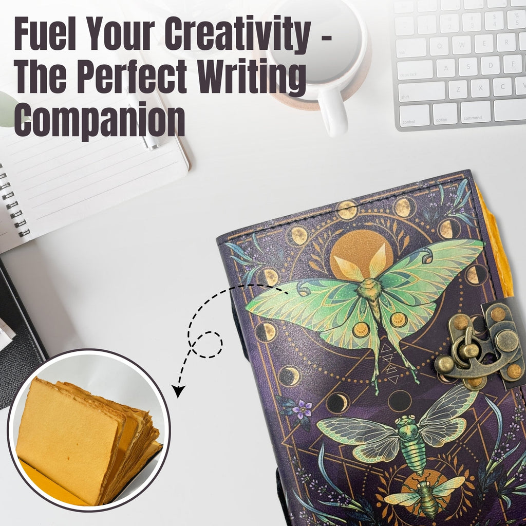 Handcrafted Moon Moth Journal – Vintage Leather Diary with Lock | Refillable Handmade Sketchbook for Writing & Spiritual Notes