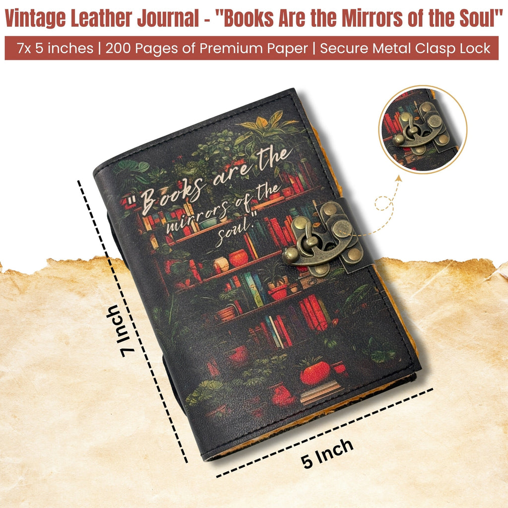 Bookshelf Leather Journal - "Books Are Mirrors" Quote - Handmade Diary
