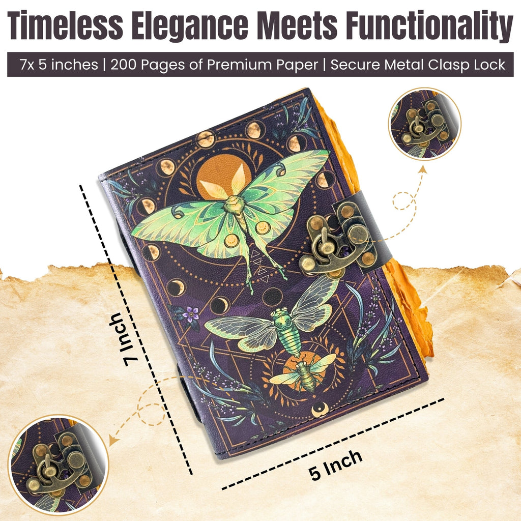 Handcrafted Moon Moth Journal – Vintage Leather Diary with Lock | Refillable Handmade Sketchbook for Writing & Spiritual Notes