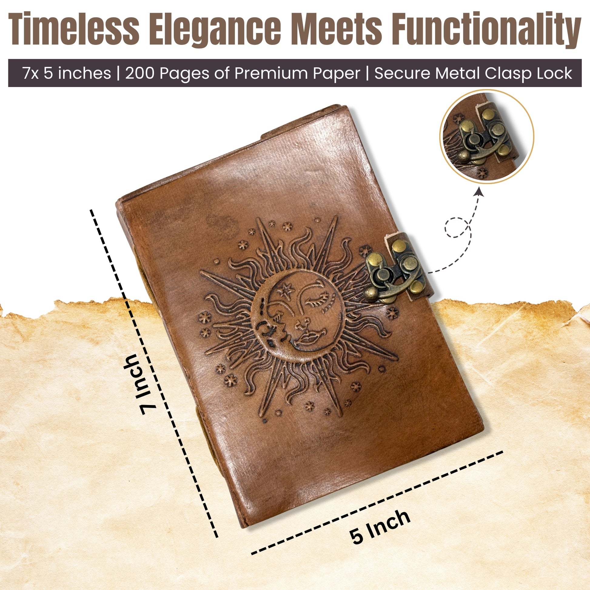 Sun and Moon Leather Journal - Handmade Vintage Diary with Clasp Lock