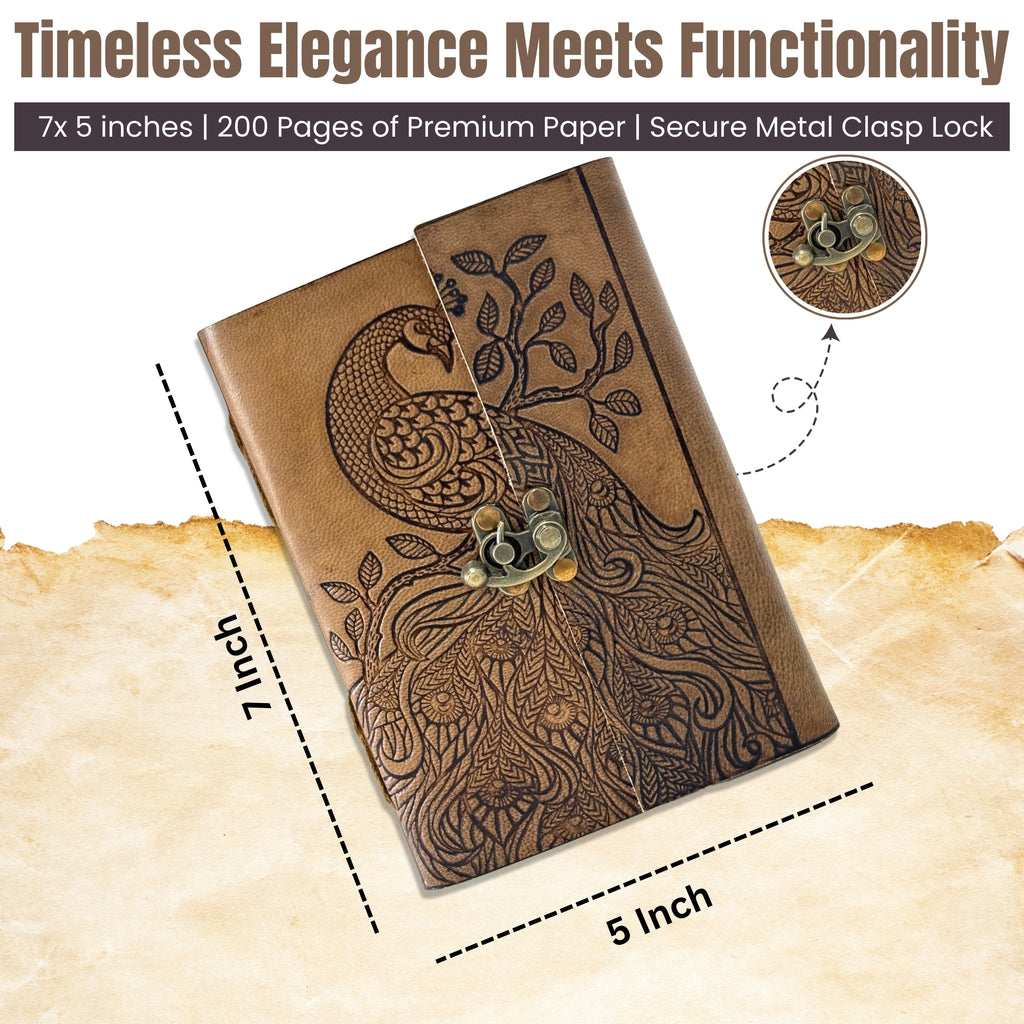 Elegant Peacock Leather Journal – 7x5” Handmade Notebook with Lock