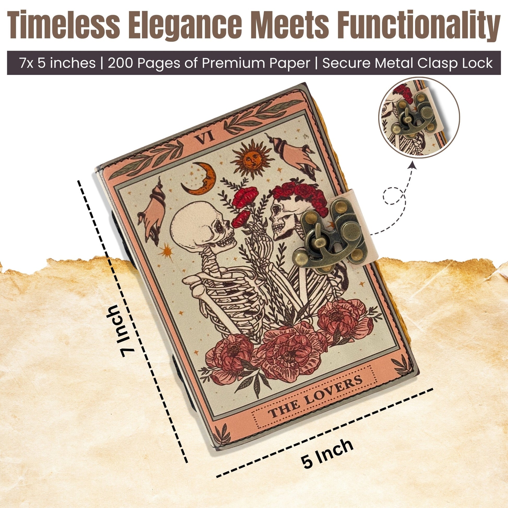 Vintage Tarot Journal – The Lovers Design | Refillable Handmade Diary with Lock for Writing, Sketching & Spiritual Notes